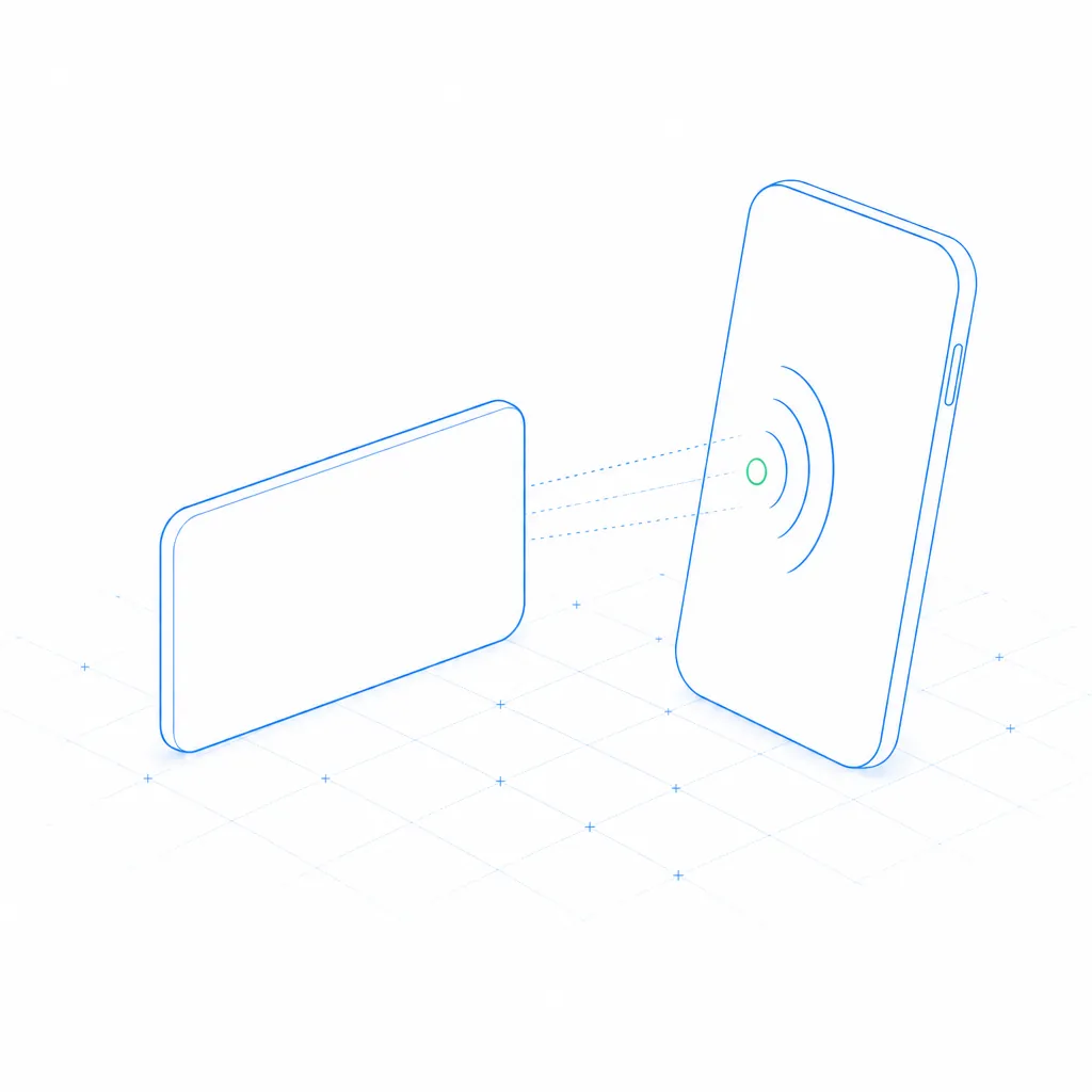 A bright, airy composition of a medication bottle and a phone reading its label on a white field with soft blue geometry
